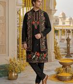 Black embroidered & sequence work silk blend straight kurta set