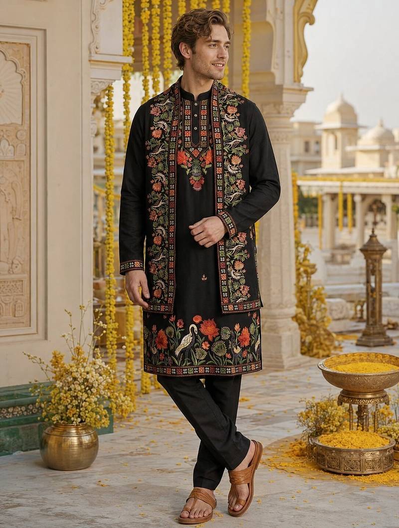 Black embroidered & sequence work silk blend straight kurta set