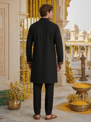 Black embroidered & sequence work silk blend straight kurta set 2