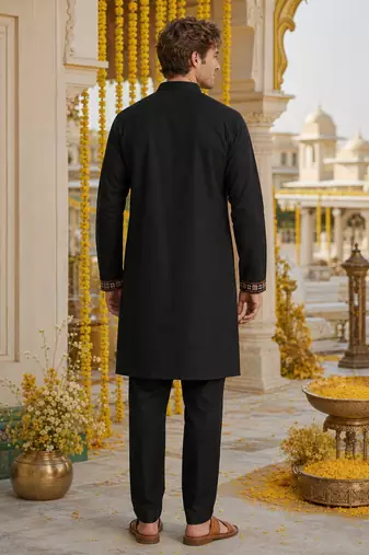 Black embroidered & sequence work silk blend straight kurta set