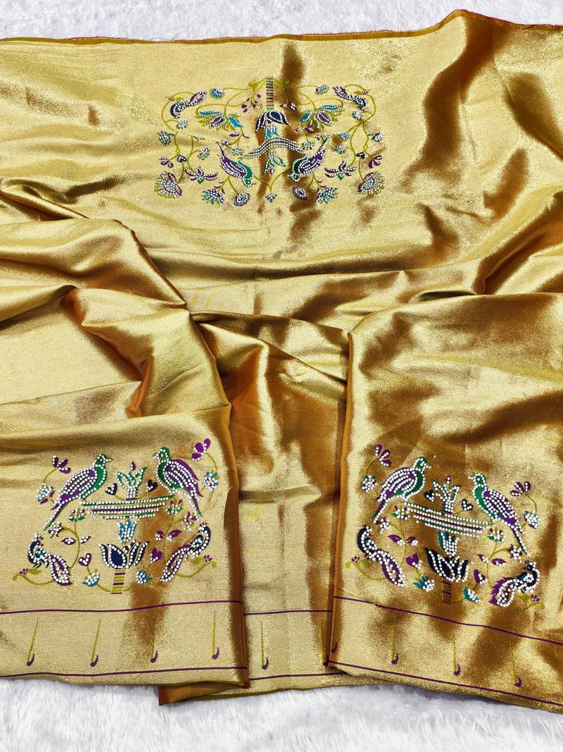 Gold zari woven paithani silk traditional saree with swarovski blouse piece