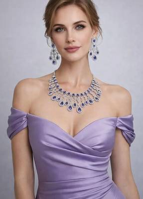 purple crystal bridal necklace earrings set  silver tone cz jewellery 1
