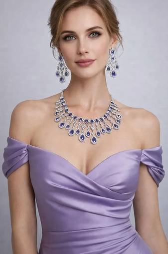 purple crystal bridal necklace earrings set  silver tone cz jewellery