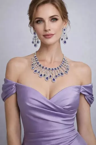 purple crystal bridal necklace earrings set  silver tone cz jewellery