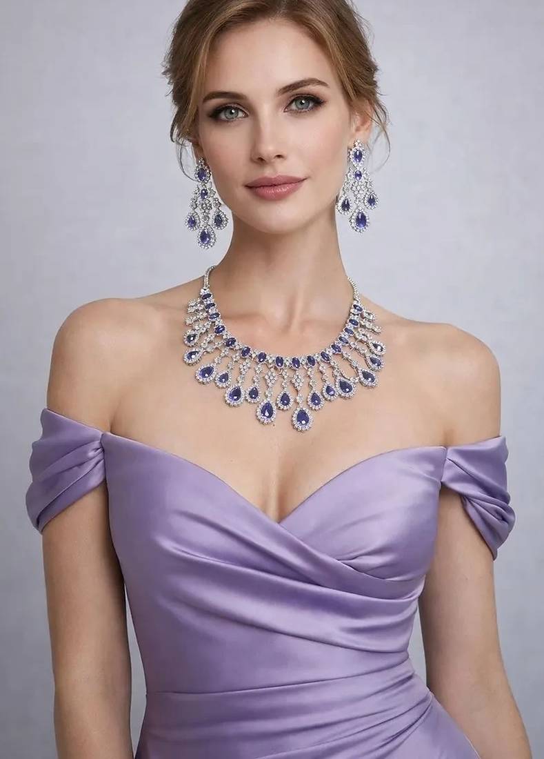 purple crystal bridal necklace earrings set  silver tone cz jewellery