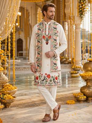 White embroidered & sequence work silk blend straight kurta set 1