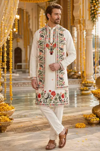 White embroidered & sequence work silk blend straight kurta set