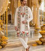White embroidered & sequence work silk blend straight kurta set