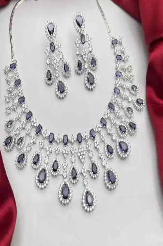 purple crystal bridal necklace earrings set  silver tone cz jewellery