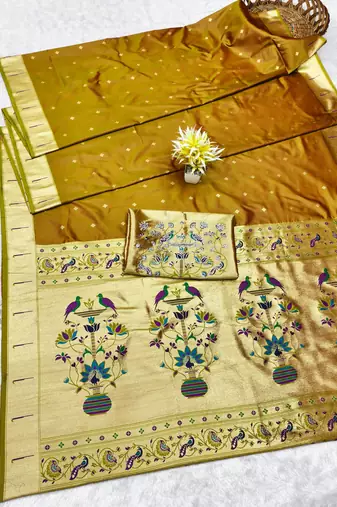 Gold zari woven paithani silk traditional saree with swarovski blouse piece
