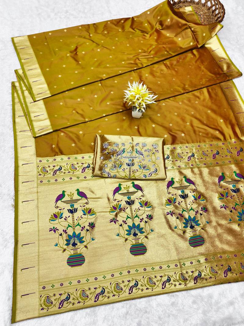 Gold zari woven paithani silk traditional saree with swarovski blouse piece