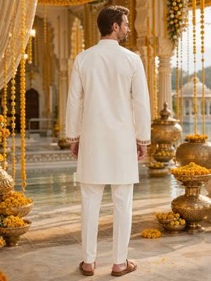 White embroidered & sequence work silk blend straight kurta set 2