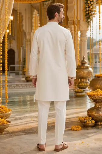 White embroidered & sequence work silk blend straight kurta set