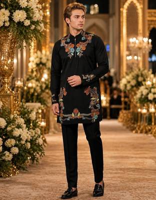 Black embroidered & sequence work silk blend straight kurta set 1