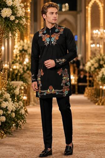Black embroidered & sequence work silk blend straight kurta set
