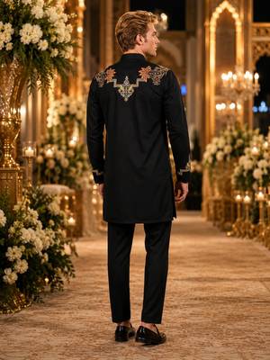 Black embroidered & sequence work silk blend straight kurta set 2