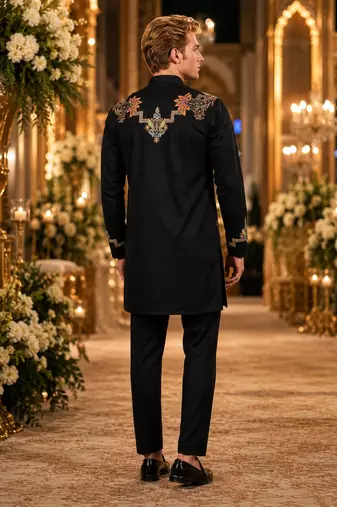 Black embroidered & sequence work silk blend straight kurta set