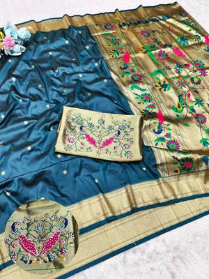 Firozi zari woven paithani silk traditional saree with swarovski blouse piece 1