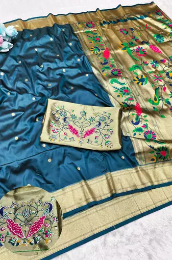 Firozi zari woven paithani silk traditional saree with swarovski blouse piece