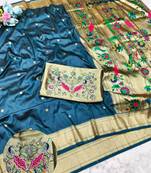Firozi zari woven paithani silk traditional saree with swarovski blouse piece