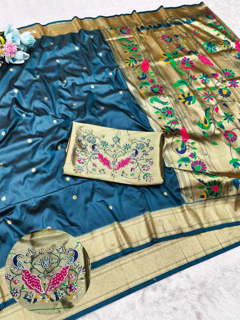 Firozi zari woven paithani silk traditional saree with swarovski blouse piece