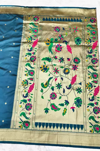 Firozi zari woven paithani silk traditional saree with swarovski blouse piece