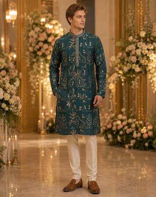Teal printed silk blend straight kurta 1
