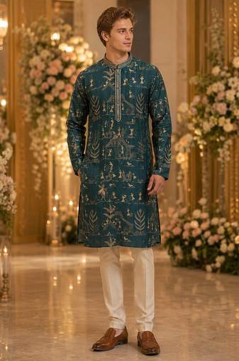 Teal printed silk blend straight kurta
