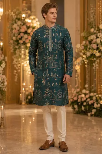 Teal printed silk blend straight kurta