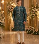 Teal printed silk blend straight kurta