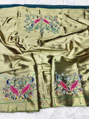 Firozi zari woven paithani silk traditional saree with swarovski blouse piece 3