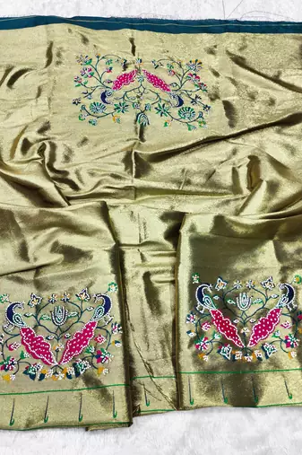 Firozi zari woven paithani silk traditional saree with swarovski blouse piece