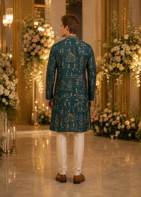 Teal printed silk blend straight kurta 2