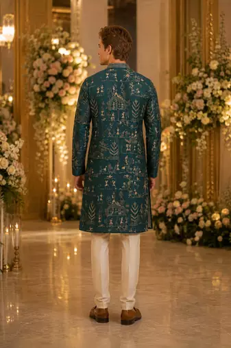 Teal printed silk blend straight kurta