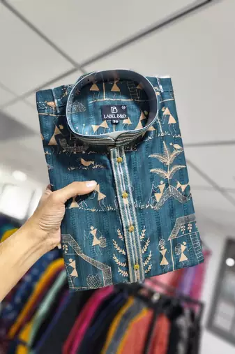 Teal printed silk blend straight kurta