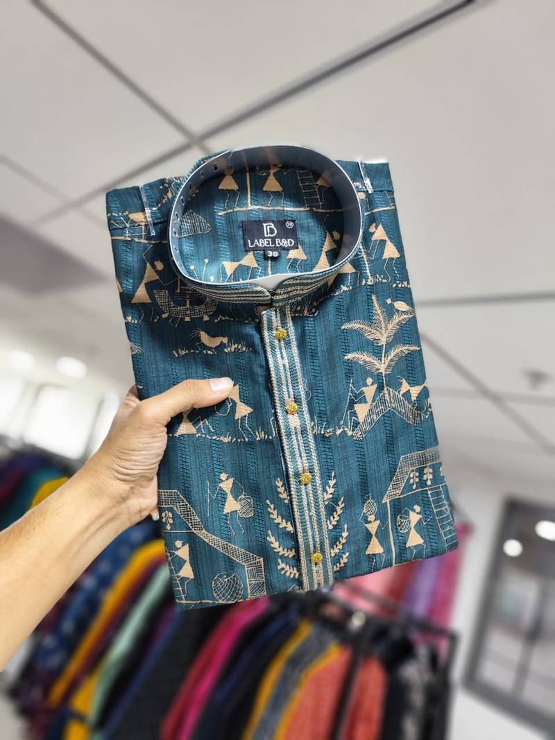 Teal printed silk blend straight kurta