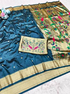 Firozi zari woven paithani silk traditional saree with swarovski blouse piece 4