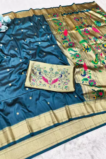 Firozi zari woven paithani silk traditional saree with swarovski blouse piece