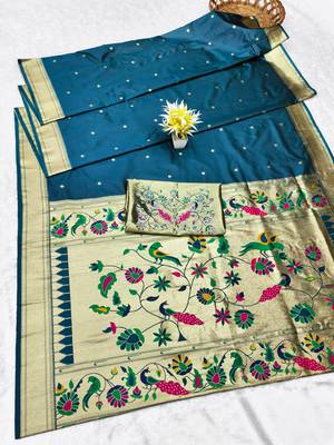 Firozi zari woven paithani silk traditional saree with swarovski blouse piece 5