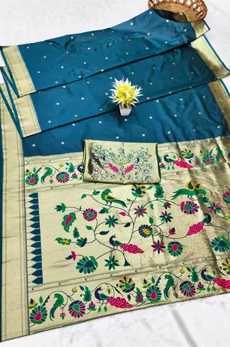 Firozi zari woven paithani silk traditional saree with swarovski blouse piece