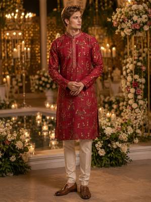 Red printed silk blend straight kurta 1