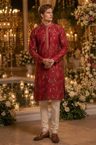Red printed silk blend straight kurta