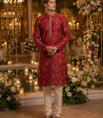 Red printed silk blend straight kurta