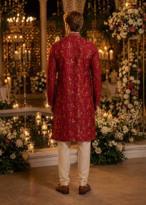 Red printed silk blend straight kurta 2