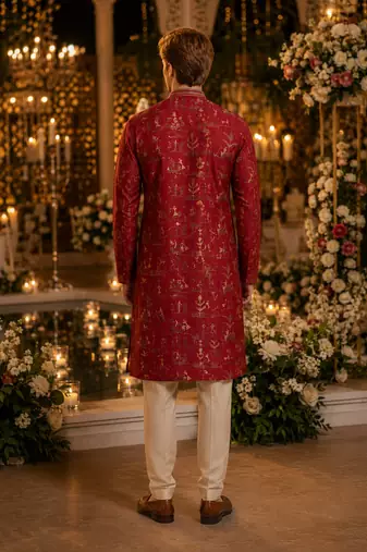 Red printed silk blend straight kurta