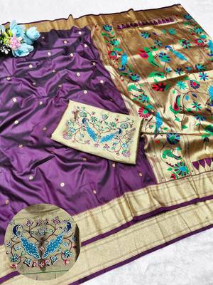 Wine zari woven paithani silk traditional saree with swarovski blouse piece 1