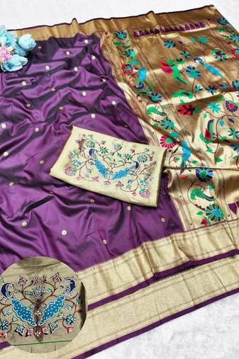 Wine zari woven paithani silk traditional saree with swarovski blouse piece
