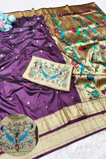 Wine zari woven paithani silk traditional saree with swarovski blouse piece