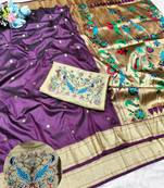 Wine zari woven paithani silk traditional saree with swarovski blouse piece