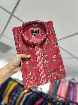 Red printed silk blend straight kurta 3